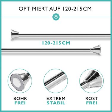 Штанга для душу без свердління з 12 кільцями - телескопічна штанга 120-215 см з нержавіючої сталі, комплект для душу та ванни, срібна