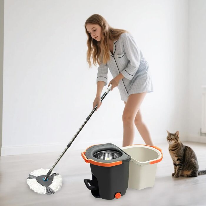 Набір для миття підлоги з відром, моп з функцією віджиму, складне відро з педаллю та 2-камерним відром, повний набір з 3 мікрофібрових насадок для ламінату, паркету та плитки (темно-сірий)