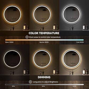 Дзеркало для ванної кімнати Dripex круглої форми з підсвічуванням LED, сенсорне керування, регулювання яскравості, 3 кольори світла, запобігання запотіванню, 60x60 см (Bluetooth, запобігання запотіванню, 3 кольори, регулювання яскравості)