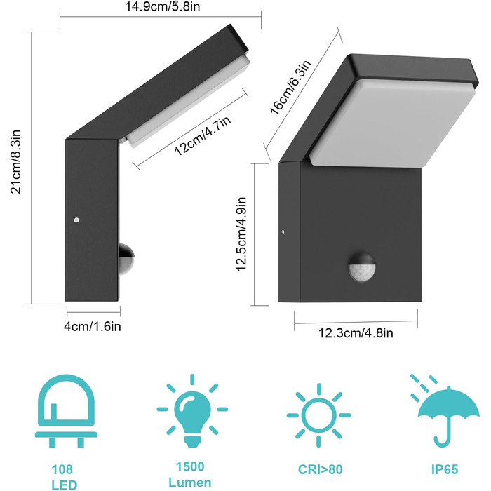 КЛIГТЕН Зовнішня бра з LED та датчиком руху, 24W, IP65, вологостійка, для саду, тераси, входу (Чорний, Тепле біле світло)