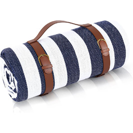 Плед для пікніка Timirock у смужку, 203 x 203 см, великий, вологостійкий та складаний. Ідеально для пляжу, кемпінгу, парку, тераси (блакитний/білий)