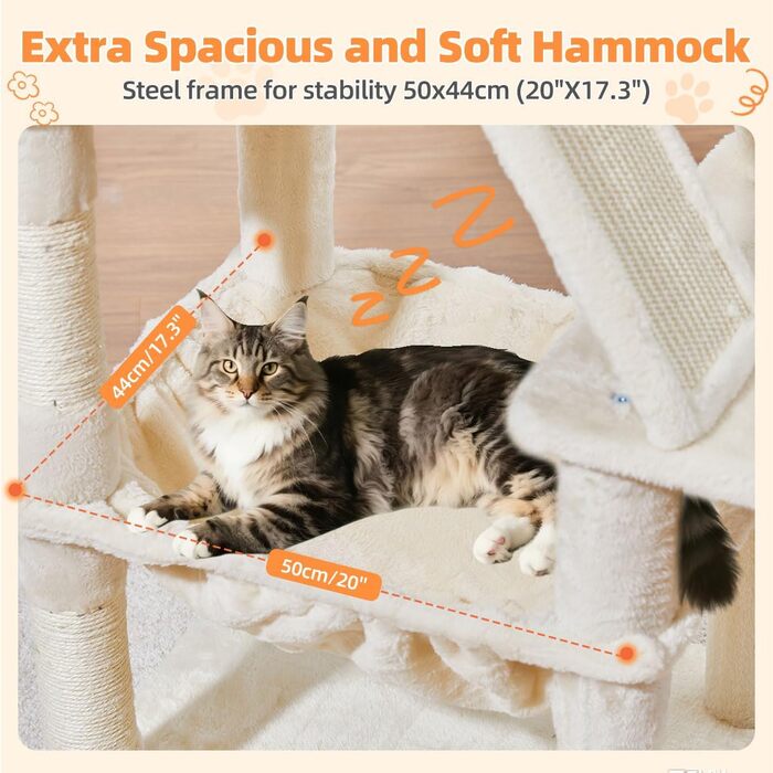 Дерев'яний кігтеточки для котів Taoqimiao MS026W, великий, бежевий (146 см) з 2 будиночками, гамаком та 8 стовпчиками для заточування кігтів