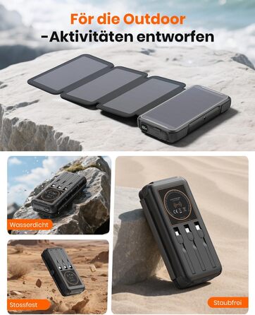 Портативний зарядний акумулятор A ADDTOP Solar 25000mAh з сонячною панеллю та 3 кабелями - 20W швидка зарядка, USB-C, для кемпінгу та подорожей (Чорний)