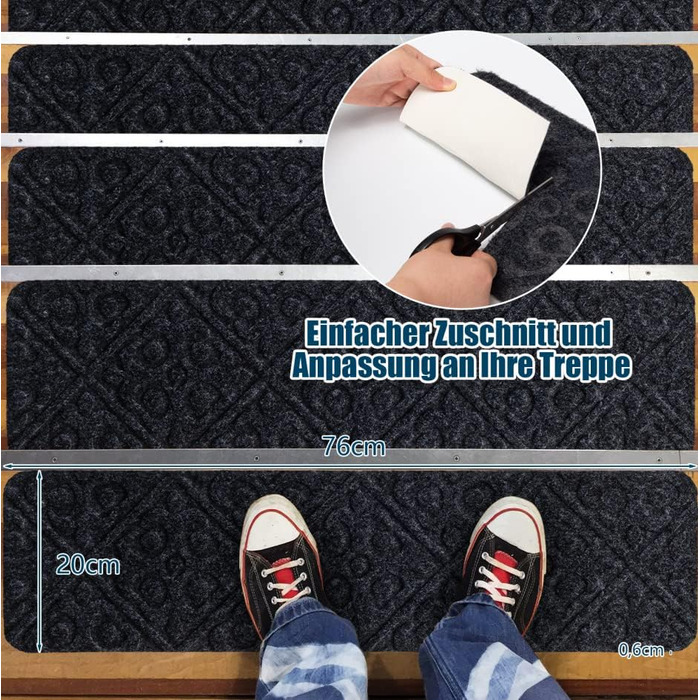 COSTWAY 15-Piece Stair Treads - Non-Slip, Waterproof, Self-Adhesive Carpet for Wood Stairs - Grey (76x20cm)