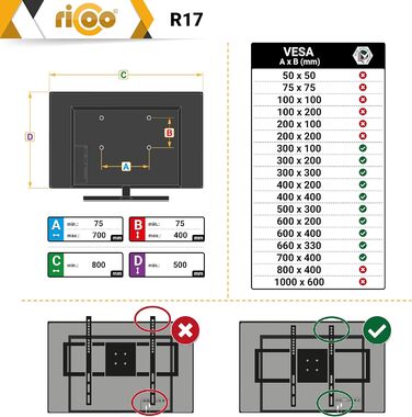 Кріплення для телевізора RICOO R17: настінна підставка для телевізорів 37-75 дюймів, нахильна, VESA 600x400, slim, для плоских та curved smart TV, до 100 кг