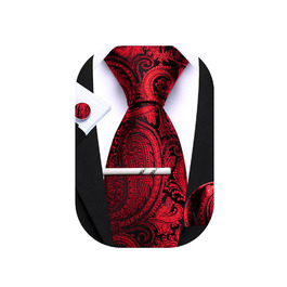 Набір краваток Barry.Wang з шовковим візерунком пейслі (3 шт.) з кишеньковим хустинкою та запонками. Червоно-чорний колір, для урочистих подій та весілля