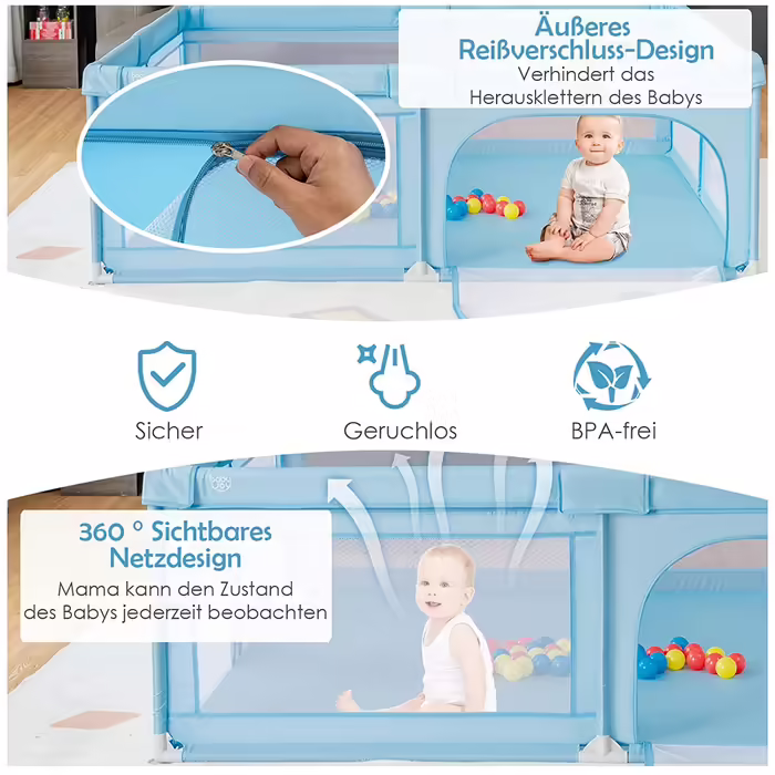 COSTWAY 205 x 147cm Playpen for Baby with Mattress, Foldable Baby Playpen, Playard with 50 Balls, 2 Doors, Breathable Mesh & Zipper, Play Tent for Infants & Toddlers (Dark Grey)