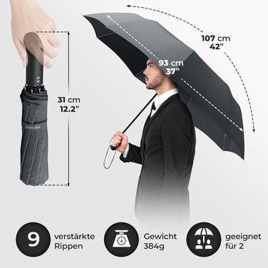 Чорний парасолька-рюкзак (Taschenschirm) штормостійкий, автоматичний, з чохлом | Чоловічий/жіночий туристичний парасолька - компактний, стабільний, тефлонове покриття, стійкий до вітру та дощу | Стандартний парасолька для гольфу, сірий