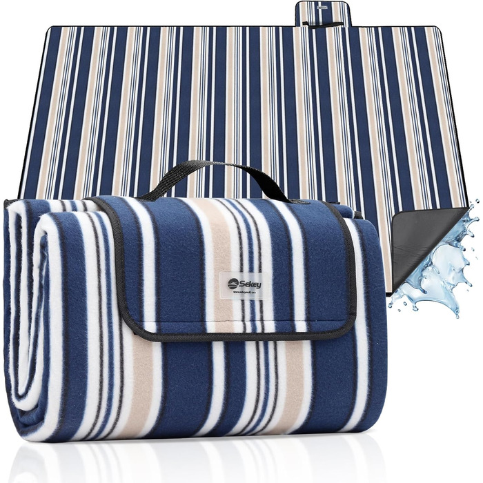 Плед для пікніка Sekey 200x200 см, водовідштовхувальний, для пляжу, кемпінгу, з PEVA-підкладкою, блакитно-біло-бежевий в смужку