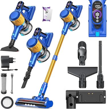 Бездротовий акумуляторний пилосос KESSER® з LED-дисплеєм, до 60 хв роботи, тихий, без мішка, з антинамотувальною насадкою, HEPA-фільтр, аромадиск (Синій/Золотий)