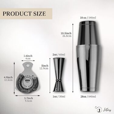 Boston Shaker Set - 4-Piece Cocktail Shaker Kit with 18/28 oz Boston Shaker Stainless Steel, Hawthorne Strainer, and Jigger, in a Stylish Gift Box - Ideal for Home Bar Use (Black).