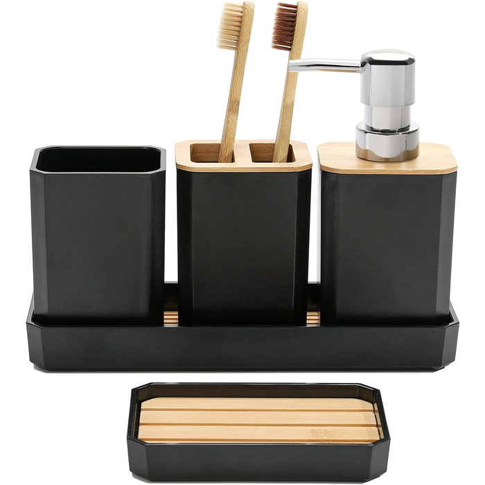 Набір аксесуарів для ванної кімнати FEILANDUO, 5 шт: дозатор для мила, мильниця, тримач для зубних щіток, стакан для зубної пасти, піднос для косметики, Бохо, чорний