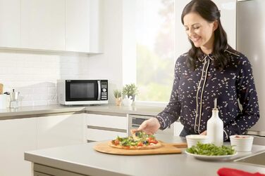 Мікрохвильова піч SHARP 843 INW з грилем та конвекцією – 25 л, 900 Вт, 10 автоматичних програм, камера з нержавіючої сталі, LED-дисплей, блокування від дітей, режим економії енергії, срібно-чорний колір, 4 в 1