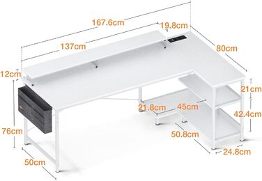 ODK письмовий стіл L-подібний білий 168x80 см з USB-роз'ємом, розеткою, полицею, моніторною підставкою, для ігрової кімнати та офісу
