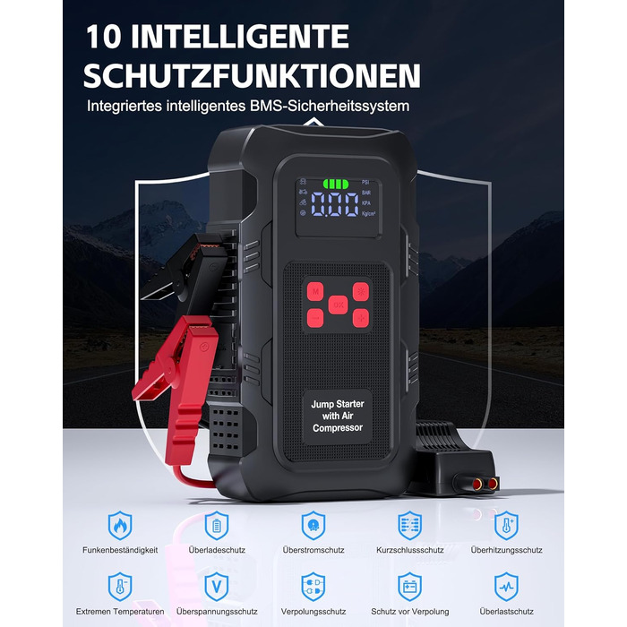 Пусковий пристрій Povasee Jump Starter 9000A з компресором 150 PSI та павербанком, автомобільний бустер 12V для бензинових та дизельних авто, з ліхтарем (Чорно-червоний)
