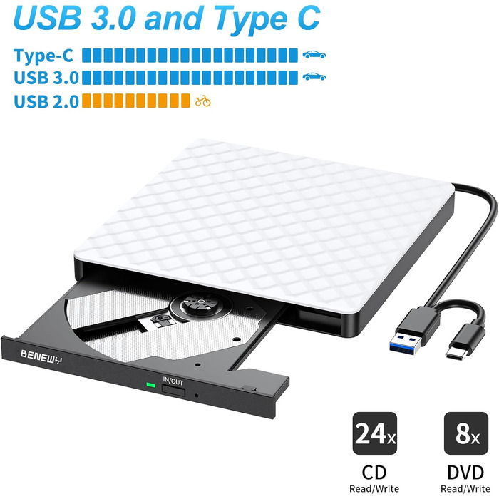 Зовнішній DVD-привід USB 3.0 та USB-C, CD/DVD Brenner для ноутбука та ПК (Windows, macOS, Linux), білий