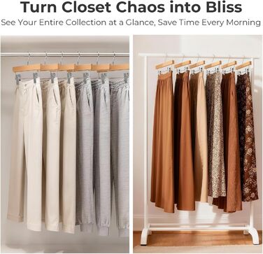 Дерев'яні вішалки для штанів та одягу HOUSE DAY з кліпсами, 25 шт. Вішалки для спідниць, дерев'яні білі вішалки для одягу, компактні вішалки для штанів з обертовим гачком 360°, ширина 35,5 см (натуральне дерево)