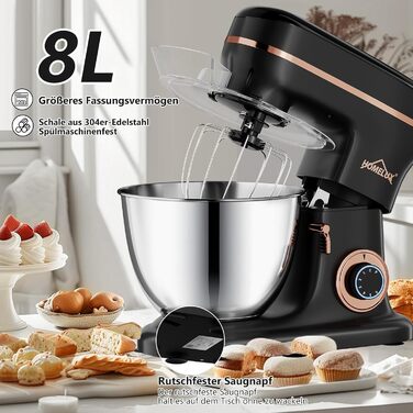 Кухонна машина HOMELUX 1800W з чашею 8 л з нержавіючої сталі, 6 швидкостей, LED-дисплей, насадки для замішування, збивання та взбивання, захист від бризок (чорний)