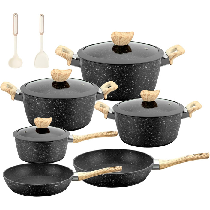 Набір каструль та сковорідок для індукційної плити: 12-ти частинний набір з гранітним антипригарним покриттям, без PFOA та PFOS, ідеальний для початківців та професійних кухарів (чорний)