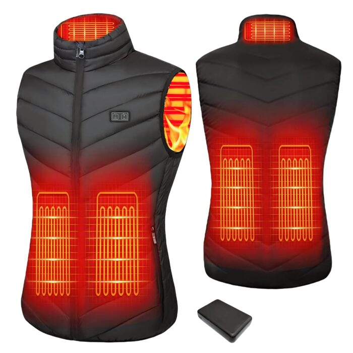 Обогревна жилетка для чоловіків та жінок з акумулятором 10000mAh, 5 нагрівальних зон, 3-рівневе регулювання температури, подвійне керування, для зимових активностей, XXL, чорний колір