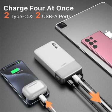 Power Bank JUOVI 20000mAh 45W з LED дисплеєм, швидка зарядка USB-C для MacBook, iPhone 15/14/13 Pro, Samsung S24/S23 (Білий)
