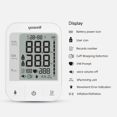 Тонометр Yuwell для вимірювання артеріального тиску та пульсу | 2 користувачі, 74x2 пам'ять, велика манжета (22-45 см), дисплей 3.8', подвійне живлення (YE670A)