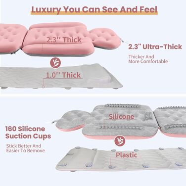 Full Body Bathtub Pillow with 160 Suction Cups - Head & Neck Support Bath Mat with Laundry Bag (Dark Gray & Light Pink, 130x41cm / 51.2' x 16.2')