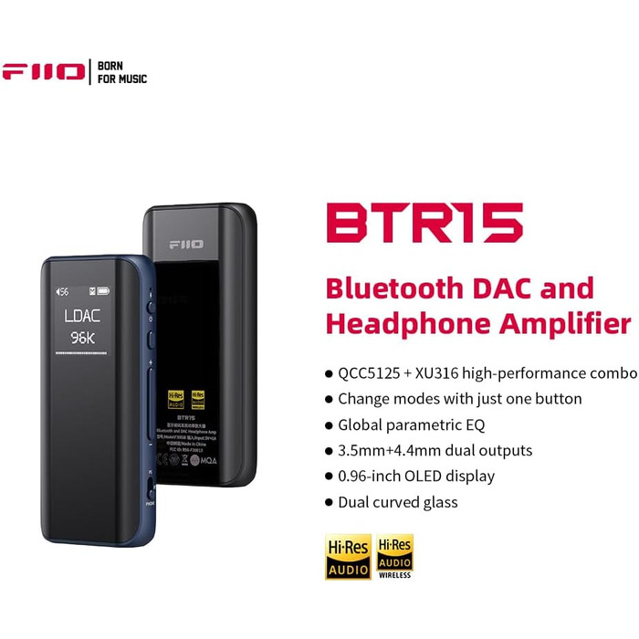 FiiO BTR15 - Портативний підсилювач/ЦАП з потужністю 340mW, чорний колір