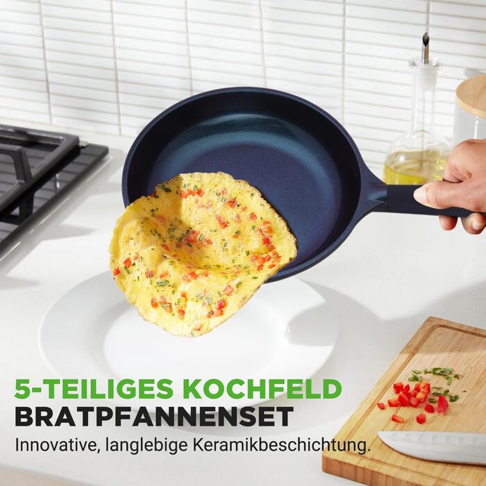 Набір посуду NutriChef 5 предметів: сковорода для гриля, вок, сковорода 28 см, рибна сковорода овальна, кришка з термостійкого скла, антипригарне покриття, індукційне дно, довговічний дизайн, без BPA, для здорового приготування їжі