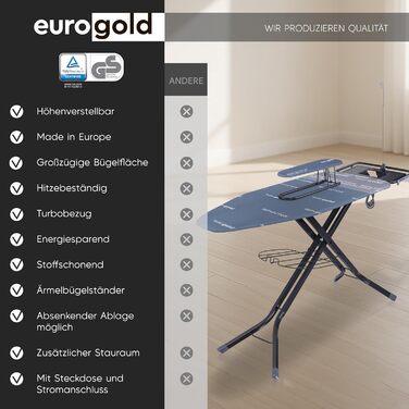 Прасувальна дошка EUROGOLD® XXL 130x48 см з турбочохлом та дощечкою для рукавів - для парогенераторів (Виготовлено в Європі) - з розеткою - стабільна та регульована по висоті, блакитна