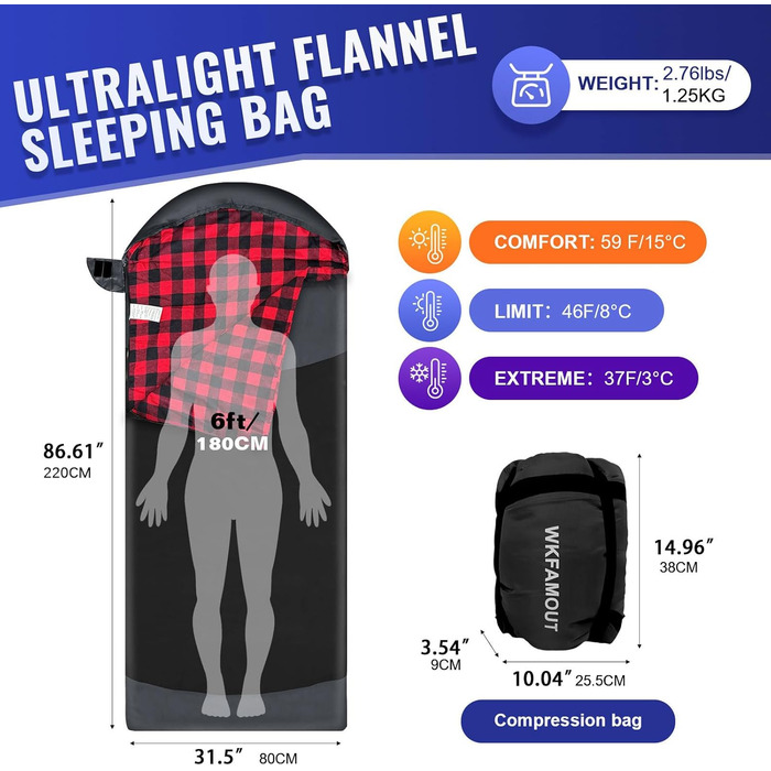 Сплячий мішок WKFAMOUT Ultralight для кемпінгу та подорожей, чорний, 220x80 см, R-Zip, Flanell