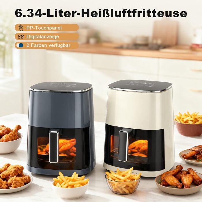 Фритюрниця повітряна DUMOS, 6 літрів, з вікном, квадратна, 12-в-1, для смаження, розігріву, сушіння, випікання, приготування на пару, 200°C, бежево-сіра