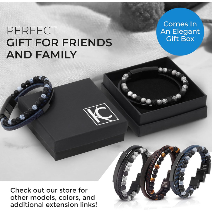 Браслет чоловічий шкіряний з тигровим оком та лавовим каменем, ручної роботи, з гравіюванням, регульований магнітний замок (синій)