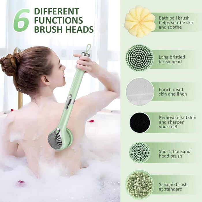 Електрична дюшева щітка для спини Eincremehilfe 6 в 1 з USB-зарядкою та 6 насадками для глибокого очищення та пілінгу