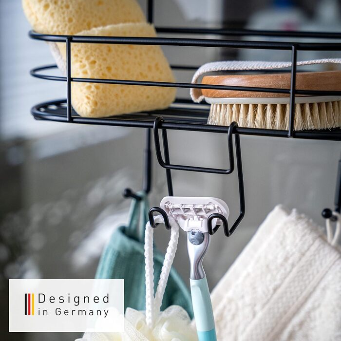 Bremermann Shower Shelf, 3 Tiers, for Hanging, with Removable Hook and Four Fixed Hooks, Black