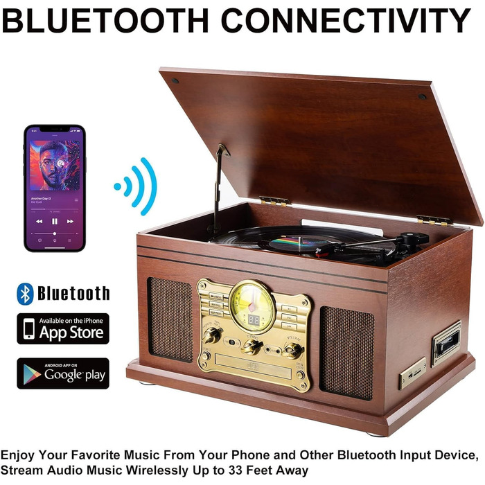Програвач вінілу HiFi Bluetooth USB Braun: компактна стереосистема з динаміками, регульованим противагом та магнітним картриджем, RCA вихід