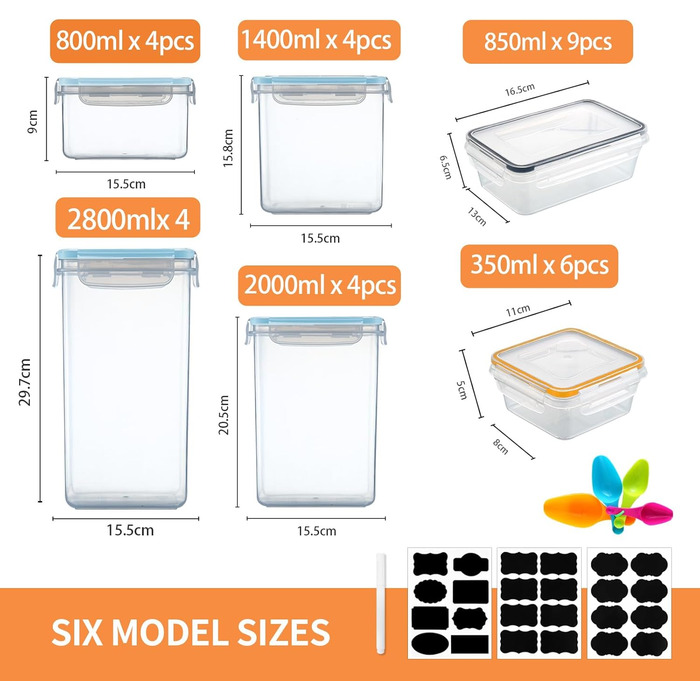 Набір контейнерів для їжі Hibisaws 12 шт. з кришкою, BPA-free, 100% герметичні, прозорі, 6 x 1L та 6 x 0.5L, для зберігання їжі та заморожування