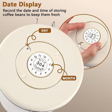 Герметичний контейнер для кави 1.8L з нержавіючої сталі 304 з датою розкриття та мірною ложкою для кави, зерен, чаю, борошна, зерна та цукру (білий)