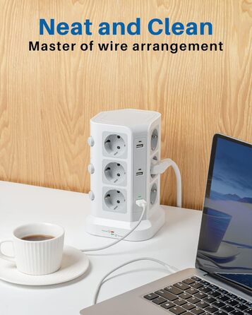 Стедова колонка KOOSLA з 12 розетками, захистом від перенапруги (4000W/16A) та 6 USB, 5м, білий - для офісу, кухні, столу