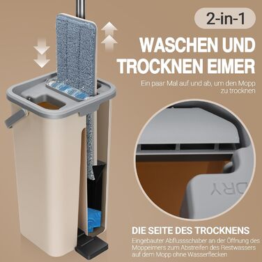 Набір для миття підлоги MASTERTOP з відром, моп з нержавіючою ручкою та 3 насадками, набір 2 в 1 з відром для вичавлювання, плоский моп для твердої підлоги, ламінату, плитки (Бежевий)