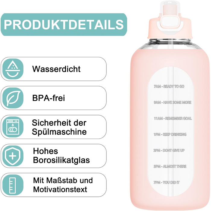 2 Liter Glass Drinking Bottle, 2L Glass Bottle, Glass Water Bottle with Straw, Bottle Brush (Pink)