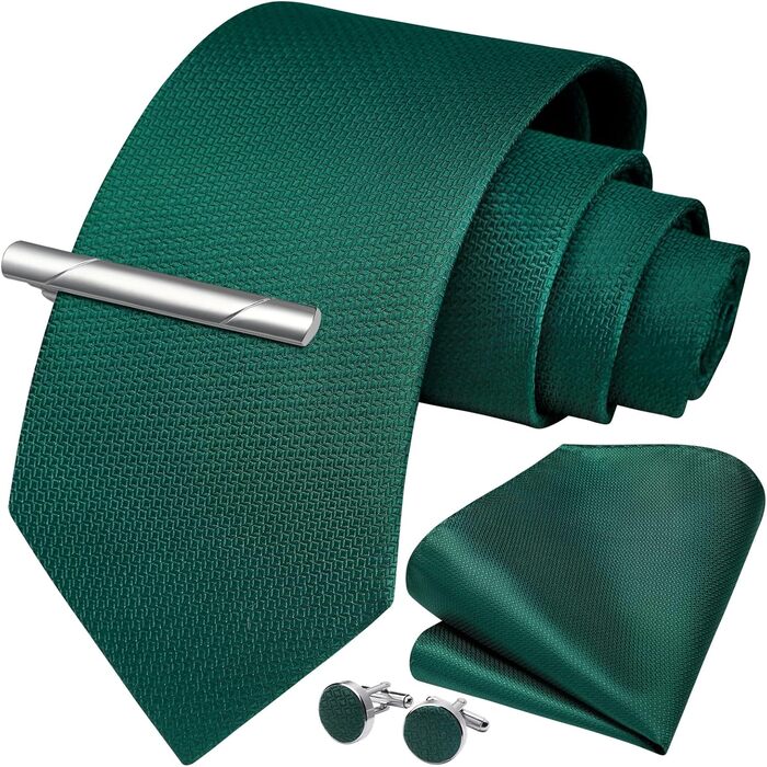 HISDERN Комплект краватки для весілля: краватка в клітинку, нагрудна хустинка, краваткова застібка, ґудзики для краватки (темно-зелений)