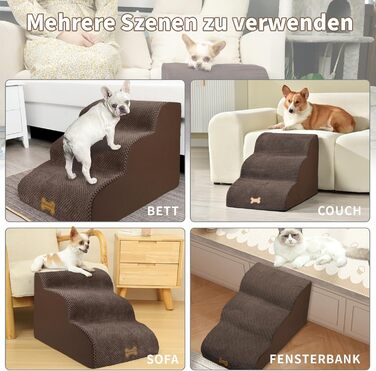 Non-slip Dog Stairs for Small Dogs 2-Step, Pet Stairs for Bed and Sofa made of High-Density Sponge, Dog Stairs Dog Ramp with Removable, Washable Cover and Non-Slip Bottom, 55x40x30cm (3 Steps Brown Dog Stairs)