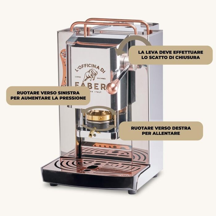 Кавова машина FABER Pro Deluxe для 44 мм ESE-подушечок, хромована, латунний прес, нержавіюча сталь