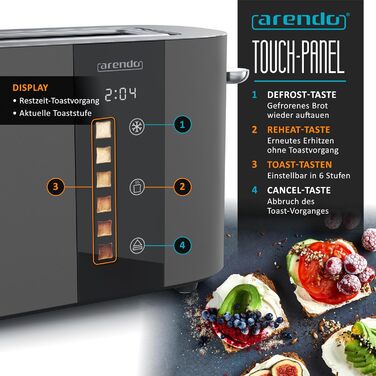 Тостер Arendo з нержавіючої сталі, 2 відділення, довгий проріз, сенсорний дисплей, подвійні стінки, насадка для тостів, 6 ступенів підсмажування, центрування хліба, індикатор часу, функція пам'яті, чорний (B: Cool Grey)