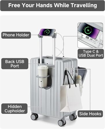 Чемодан-валіза Sea Choice Handgepäck з відділенням для ноутбука 15.6', з PC корпусом, USB-портом, TSA замком та коліщатками 360° (Срібний)