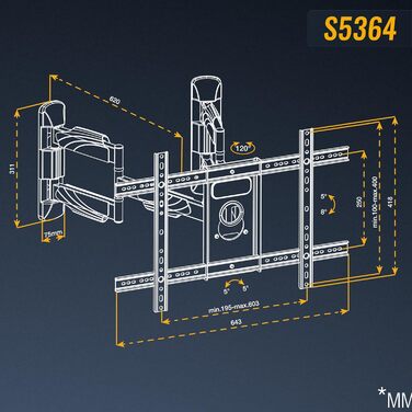 Настінне кріплення для телевізора RICOO S5364 40-75 дюймів, поворотний механізм, VESA 600x400 мм, до 45 кг