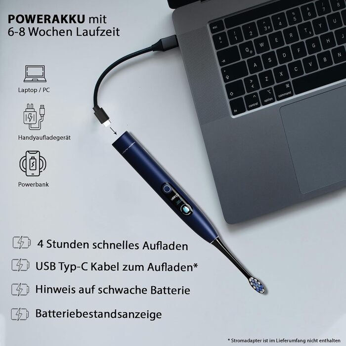 Tristan Auron Electric Sonic Toothbrush - 48,000 Vibrations, 5 Modes, Color Display, USB-C, 6-8 Week Battery, IPX7 Waterproof, 6 Brush Heads + SmartOne Protective Case (Blue) with 4-Pack