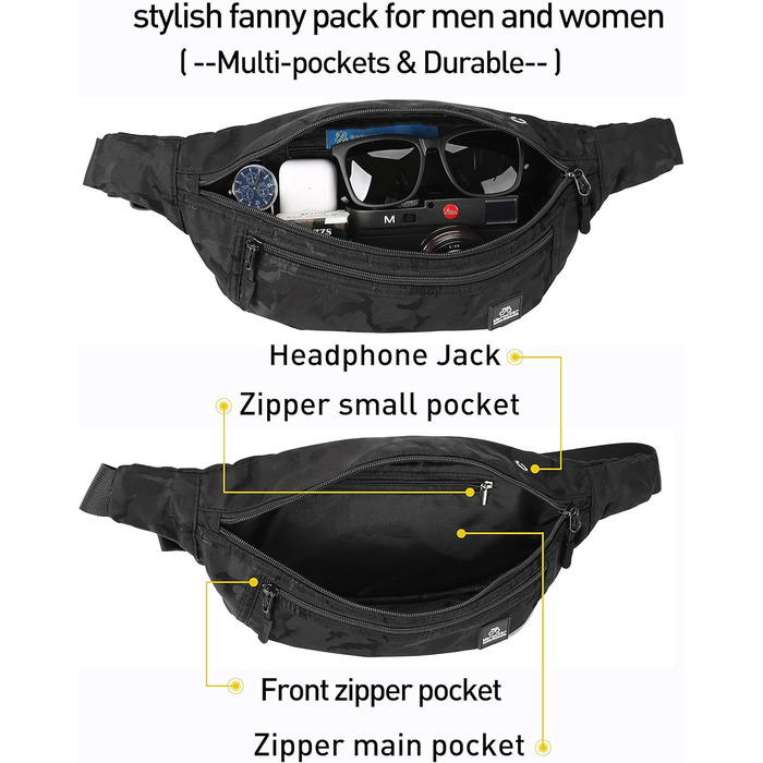Чоловіча та жіноча поясна сумка Bauchtasche SZSYCN, фанна-пак, чорний камуфляж для спорту, прогулянок, подорожей