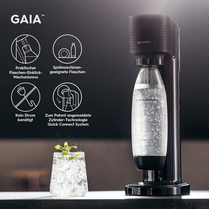 SodaStream Gaia: Газова вода вдома | Чорний колір, з CO2 балончиком та пляшкою 1L | Електричний напій